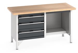 Bott Cubio Storage Workbench 1500mm wide x 750mm Deep x 840mm high supplied with a Multiplex (layered beech ply) worktop, 3 x Drawers (1 x 200mm & 2 x 150mm high)  and 1 x open section with 1/2 depth base shelf.... 1500mm Wide Engineers Storage Benches with Cupboards & Drawers
